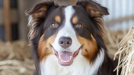 Fototapeta premium Happy Australian Shepherd Resting in a Barn Surrounded by Straw During a Sunny Day