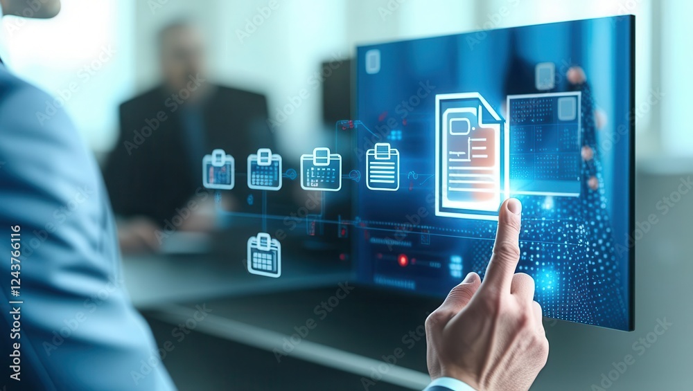 Poster a business professional interacting with a digital interface showcasing document files and data visu