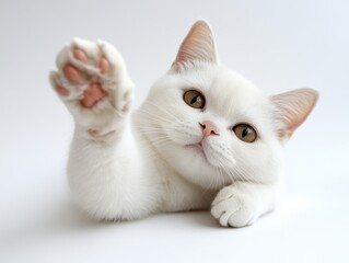 Obraz premium Adorable White Cat Playfully Reaching Out with Soft Paw on Light Background Showcasing Cute Expression and Fluffy Fur