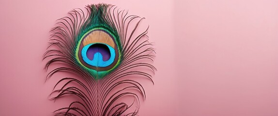 Obraz premium Peacock feather on soft pink background showcasing vibrant colors and intricate details with ample copy space for creative design use.
