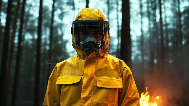 A steelworker stands near a steel furnace in full protective clothing, their face shield reflecting the fiery glow of molten metal while they prepare for the next stage of the stee