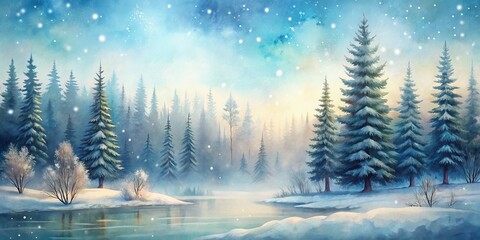 Fototapeta premium Winter Wonderland Watercolor, Snowy Forest Lake Scene