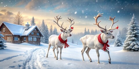 Obraz premium Winter Wonderland Two White Reindeer, Snowy Landscape, Festive Charm