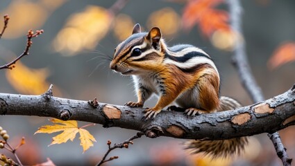 Fototapeta premium Chipmunk perched on a cedar branch surrounded by vibrant autumn leaves in a scenic fall landscape.
