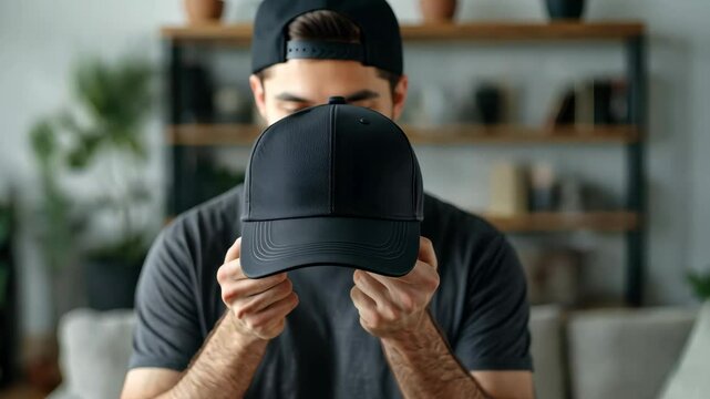 Young man examines and adjusts black cap indoors in stylish living room setting