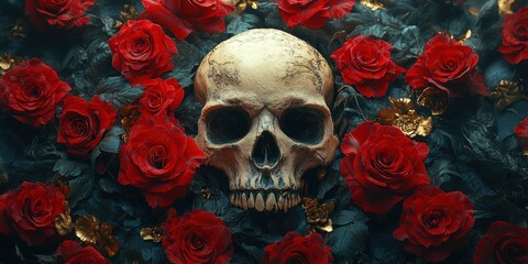 Memento Mori: A Skull Adorned with Crimson Roses
