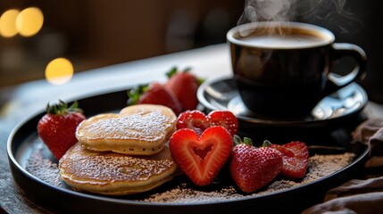Heart shaped pancakes and strawberries served with steaming coffee on dark background. Romantic breakfast scene with warm lighting.