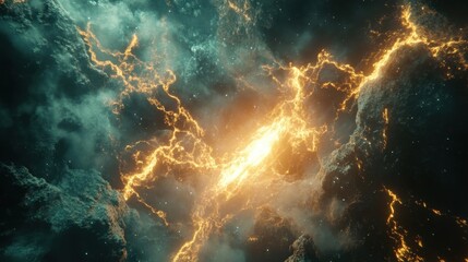 Obraz premium A glowing energy storm in space, electric flares and plasma arcs crackling through the dark void, sci-fi and surreal aesthetic