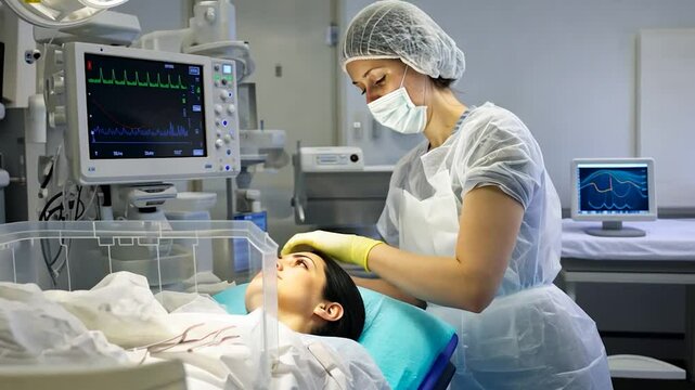 Nurse intubates infant, hospital room, medical equipment