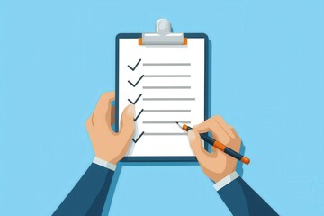 Hands holding a clipboard with a checklist and a pen ready to mark items completed.