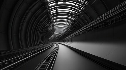 Futuristic steel processing facility with automated conveyor systems in a minimalist, monochrome aesthetic