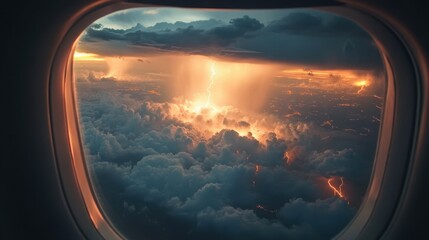 Naklejka premium A high-altitude view of a thunderstorm from an airplane window, lightning bolts flashing below, clouds illuminated in bursts of electric energy