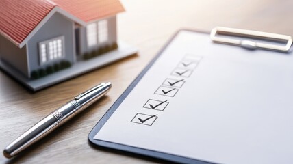 Model house with a checklist and pen, symbolizing real estate planning and organization.