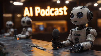 AI Podcast Hosts: Futuristic robots, sleek and expressive, sit at a broadcast console, ready to record an AI podcast. The warm lighting and blurred background create an intriguing atmosphere. 