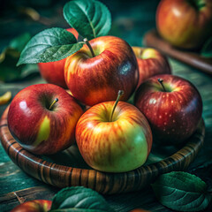 Close-up of a vibrant red apple amongst lush greenery