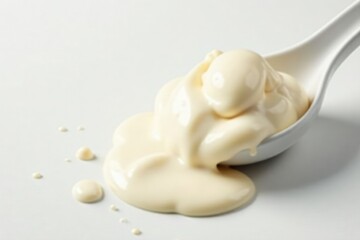 White background with a soft gelato scoop and visible fat globules in the creaminess, white, soft