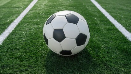Obraz premium Soccer Ball on Artificial Grass Field with White Lines for Sports and Recreation Concept Background