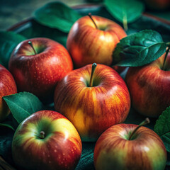 Close-up of a vibrant red apple amongst lush greenery