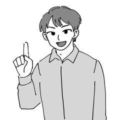 人差し指をたてた男性（モノクロ）