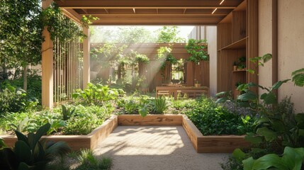 A home garden with fresh leafy greens, wooden garden beds, eco-friendly and sustainable lifestyle concept