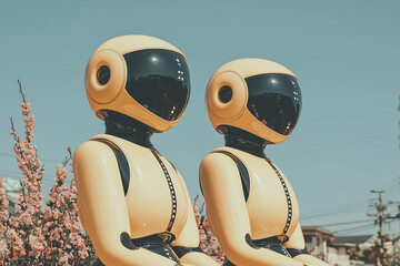 Fototapeta premium The Future is Now: Two humanoid robots, with sleek yellow exteriors and advanced facial features, stand side-by-side against a backdrop of vibrant pink blossoms.