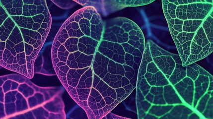 A kaleidoscopic digital pattern inspired by leaf veins, glowing green and purple hues, futuristic yet organic design