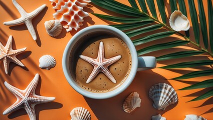 Marine Coffee Scene with Starfish and Shells on Bright Orange Background, Featuring Palm Leaves and Empty Space for Text, Top View Composition