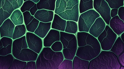 A kaleidoscopic digital pattern inspired by leaf veins, glowing green and purple hues, futuristic yet organic design