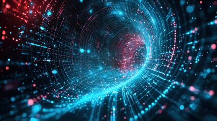 Obraz premium Abstract Digital Tunnel: A vibrant journey through a swirling vortex of light and data streams, showcasing a mesmerizing blend of teal and crimson hues.