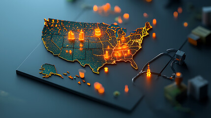Illuminated map visualization of the united states digital data representation urban environment high-tech perspective geographic insights