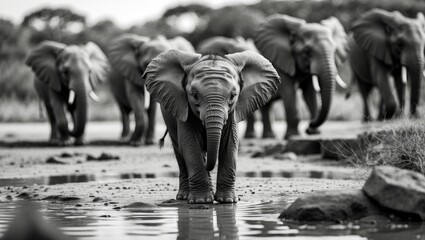 A determined baby African elephant leading its herd towards a waterhole in Addo Elephant National Park black and white photograph.
