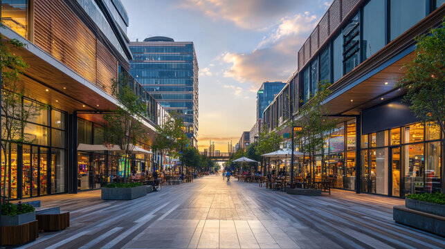 Evening view of a modern city street with shops and restaurants, warm sunset lighting, people strolling, and urban architecture. 