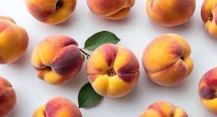 Ripe and Juicy Peaches Displayed on a White Background with Green Leaves for Freshness and Summer Vibes