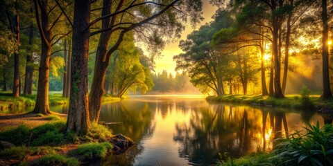 Obraz premium Tranquil Sunrise Over Serene Lake Surrounded by Lush Trees