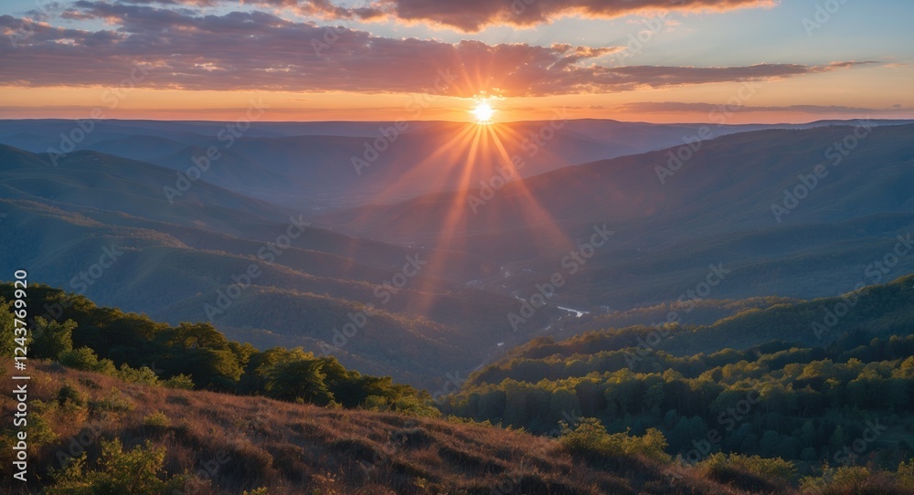 Wall mural serene valley sunset with rays of sunlight piercing through clouds over rolling hills and expansive 