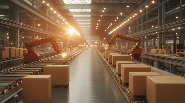 Futuristic smart factory with robotic arms and automated conveyor system
