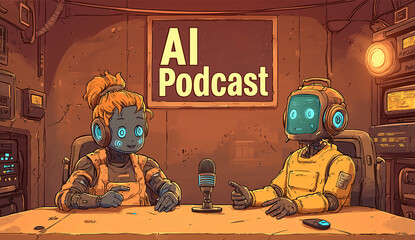 AI Podcast Hosts: Two charming AI characters, a female and a male robot, co-host a podcast in a retro-futuristic studio,  creating a friendly and engaging image perfect for technology.