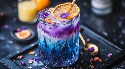 Butterfly Pea Blue Tea with flowers and milk. A glass of a cold summer drink. Caffeine free drink. Healthy food concept