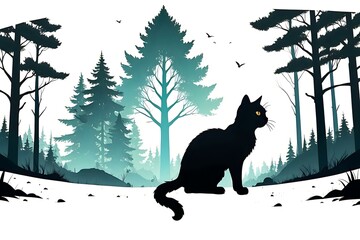 Mystical winter forest silhouette with black cat sitting in snow against turquoise sky background, perfect for fantasy book covers and mysterious nature illustrations.