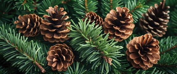 Fototapeta premium Pine cones nestled among lush green fir branches showcasing natural textures and colors ideal for seasonal or nature-themed projects.