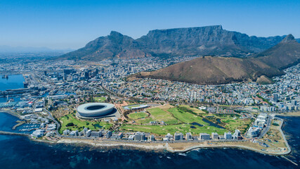 Aerial view of Cape Town showcasing Table Mountain and the vibrant coastal landscape