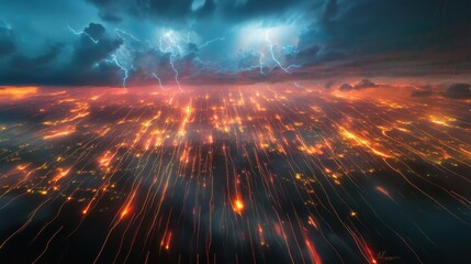 A mesmerizing long-exposure shot of a lightning storm at night, multiple bolts dancing across the sky, clouds illuminated in a surreal electric glow, powerful and dynamic