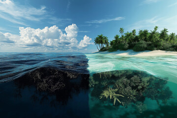 A conceptual split-screen showing an oil spill polluting water on one side and pristine ocean life on the other.