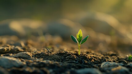 Seedling sprouting in sunlit soil, growth, nature background, environmental