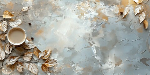 Coffee cup on a textured surface with dried leaves, evoking a calm autumn atmosphere and artistic inspiration