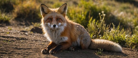 Wild Fox Relaxing in a Sunlit Meadow with Natural Surroundings and Clear Copy Space for Text or Graphics