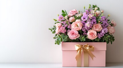 Fototapeta premium A luxury floral arrangement in a pink gift box, featuring elegant roses and decorative ribbons. Perfect for weddings, anniversaries, and Valentine's Day gifting.