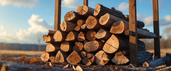 Sunlit firewood stacked for drying in a rustic outdoor setting with a blurred background and a warm, inviting atmosphere.