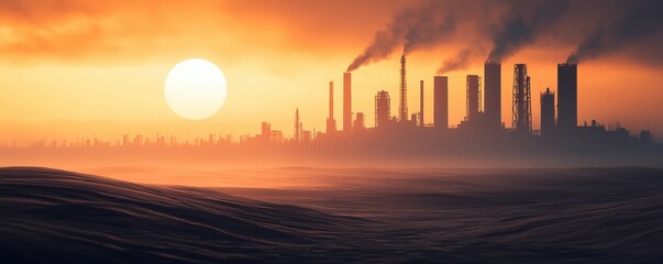 Sunset over Industrial Landscape Pollution Air Factory Smog Desert