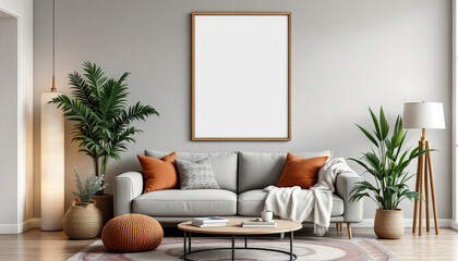 Bohemian Living Room Interior with Blank Poster Frame
